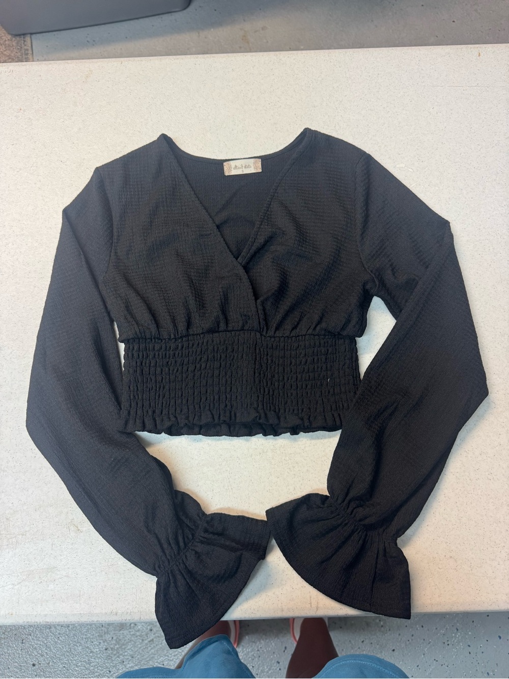 Altar'd State Black Smocked-Waist V-Neck Long Sleeve Crop Top